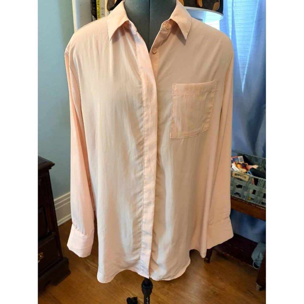 Nine West Blush Pink Button Up Blouse Womens L Long Sleeve Career Shirt Pocket